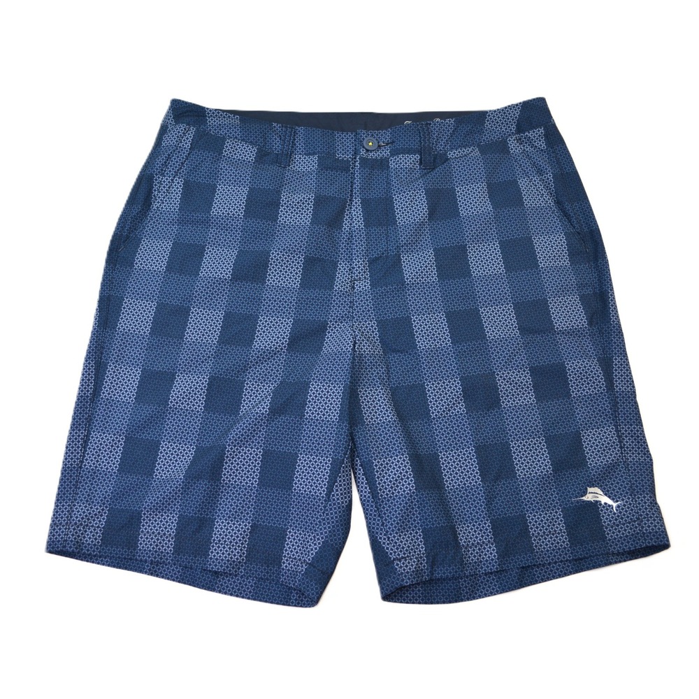 Tommy Bahama Mens Blue Geometric Check Hybrid Performance Shorts Size 34